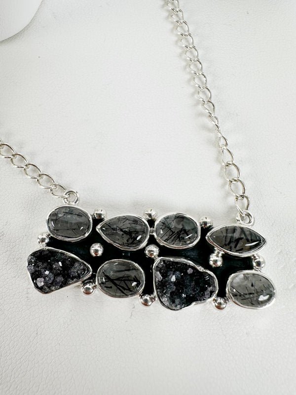 BOX 19 - RUTILE QUARTZ NECKLACE 22", RAINBOW TITANIUM POINTER, MOSAIC MULTISONES NACHO GOMEZ ADJUSTABLE RING
