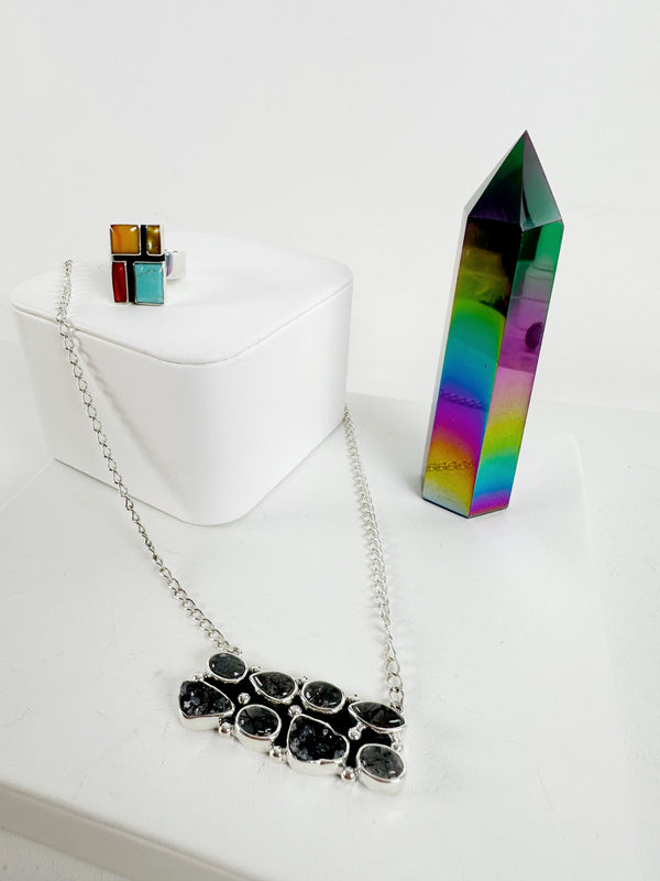 BOX 19 - RUTILE QUARTZ NECKLACE 22", RAINBOW TITANIUM POINTER, MOSAIC MULTISONES NACHO GOMEZ ADJUSTABLE RING