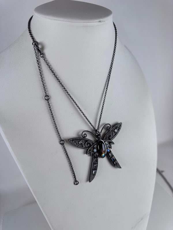GUNMETAL LABRADORITE & RAINBOW MOONSTONE SASSY BUTTERFLY HESPERA NECKLACE 16-22" (TO 15)