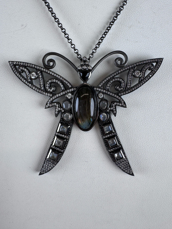 GUNMETAL LABRADORITE & RAINBOW MOONSTONE SASSY BUTTERFLY HESPERA NECKLACE 16-22" (TO 15)