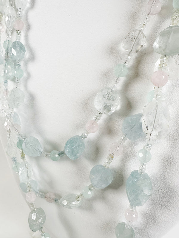 BOX 7 - TRIPLE LAYERED ROSE QUARTZ, AQUAMARINE AND CRYSTAL QUARTZ NECKLACE 20", RAINBOW TITANIUM POINTER, LONDON BLUE TOPAZ STUDS