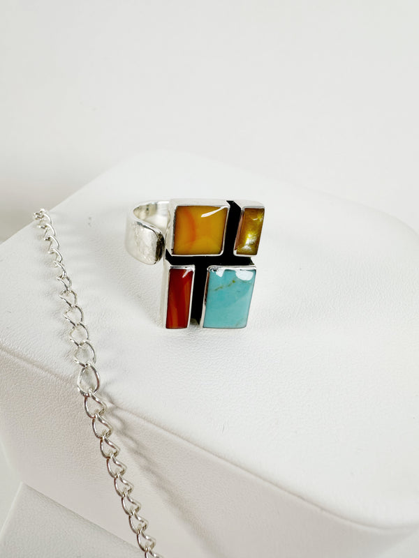 BOX 19 - RUTILE QUARTZ NECKLACE 22", RAINBOW TITANIUM POINTER, MOSAIC MULTISONES NACHO GOMEZ ADJUSTABLE RING