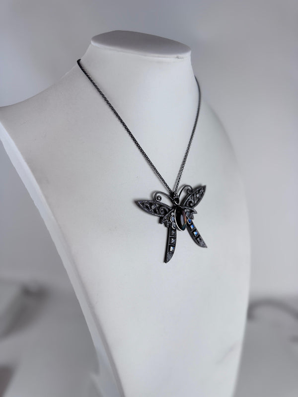 GUNMETAL LABRADORITE & RAINBOW MOONSTONE SASSY BUTTERFLY HESPERA NECKLACE 16-22" (TO 15)