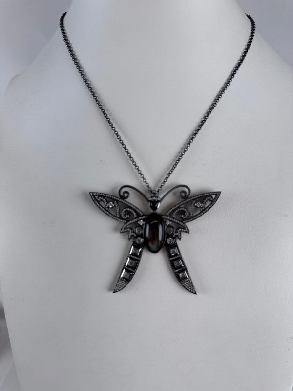 GUNMETAL LABRADORITE & RAINBOW MOONSTONE SASSY BUTTERFLY HESPERA NECKLACE 16-22" (TO 15)