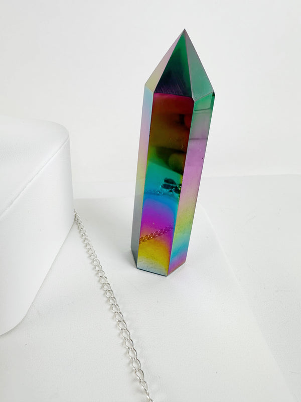 BOX 19 - RUTILE QUARTZ NECKLACE 22", RAINBOW TITANIUM POINTER, MOSAIC MULTISONES NACHO GOMEZ ADJUSTABLE RING