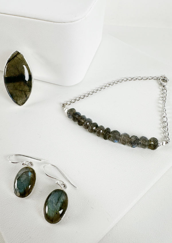 BOX 14 - LAB MARQUISE ETERNITY RING, ADJUSTABLE LAB BRACELET, LAB EARRINGS