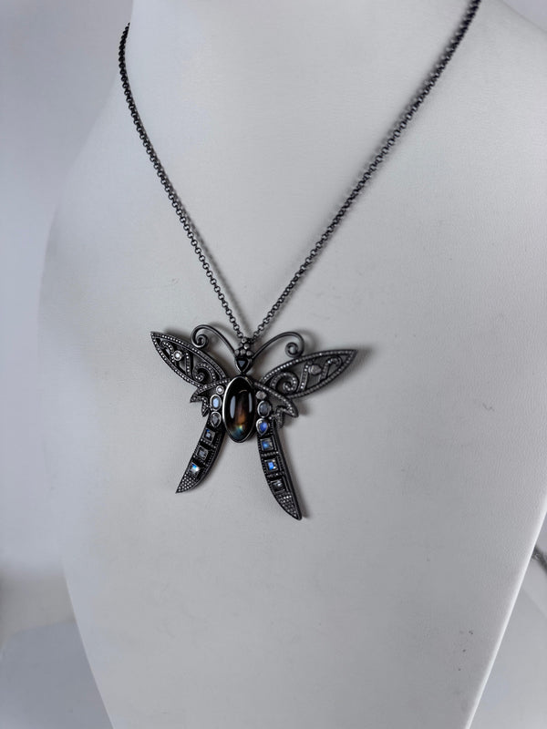 GUNMETAL LABRADORITE & RAINBOW MOONSTONE SASSY BUTTERFLY HESPERA NECKLACE 16-22" (TO 15)