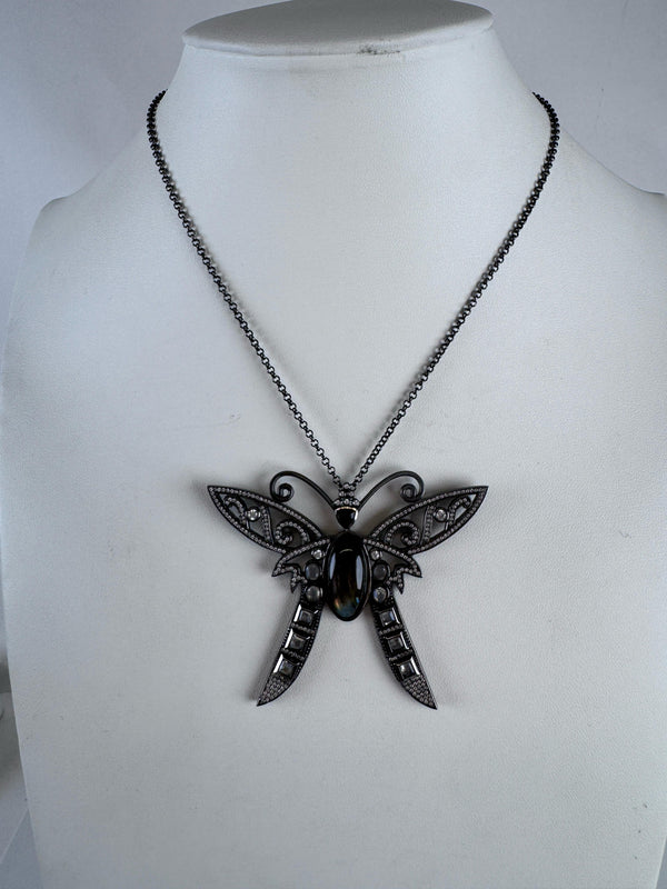 GUNMETAL LABRADORITE & RAINBOW MOONSTONE SASSY BUTTERFLY HESPERA NECKLACE 16-22" (TO 15)