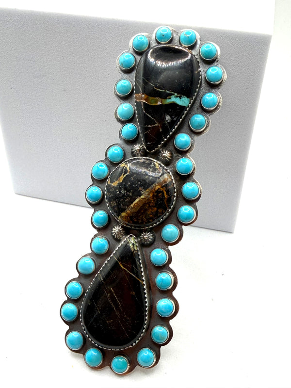 NATIVE HANDMADE SLEEPING BEAUTY & BLACKJACK TURQUOISE CRAWLER ADJUSTABLE RING 4" ACQUIRED AT SANTA FE INDIAN MARKET (LL 31)