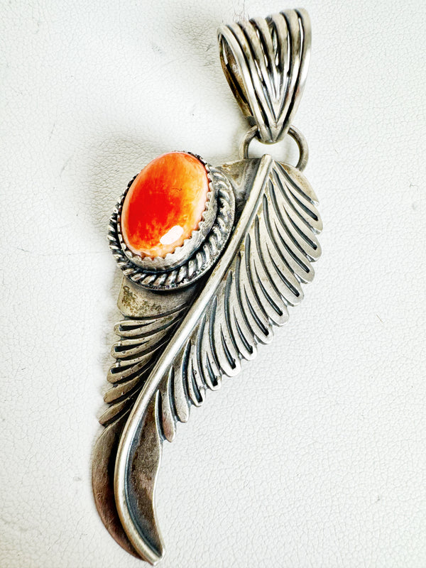 ORANGE SPINY OYSTER STATEMENT FEATHER PENDANT 3" (MW 212)