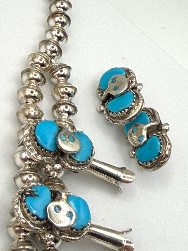 (RARE PIECE) EFFIE CALAVAZA ZUNI SLEEPING BEAUTY TURQUOISE SNAKE SQUASH BLOSSOM NECKLACE 22" & POST BACK EARRINGS NAVAJO HANDMADE SET (NP 33)