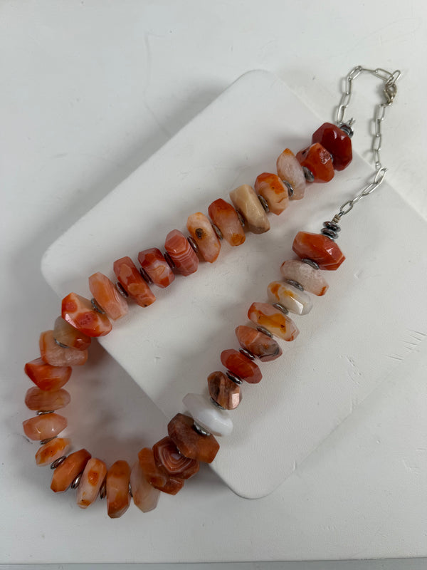 ORANGE AGATE & FACETED HEMATITE SPACERS STATEMENT NECKLACE 20-24" (MW 398)
