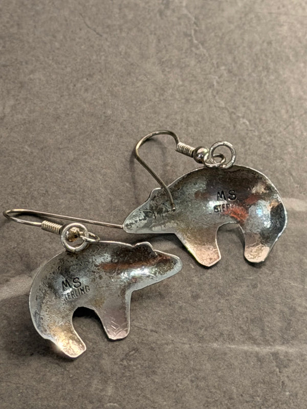 NATIVE HANDMADE LANDER BLUE TURQUOISE ZUNI BEAR FISHHOOK EARRINGS STAMPED MS (LB 22)