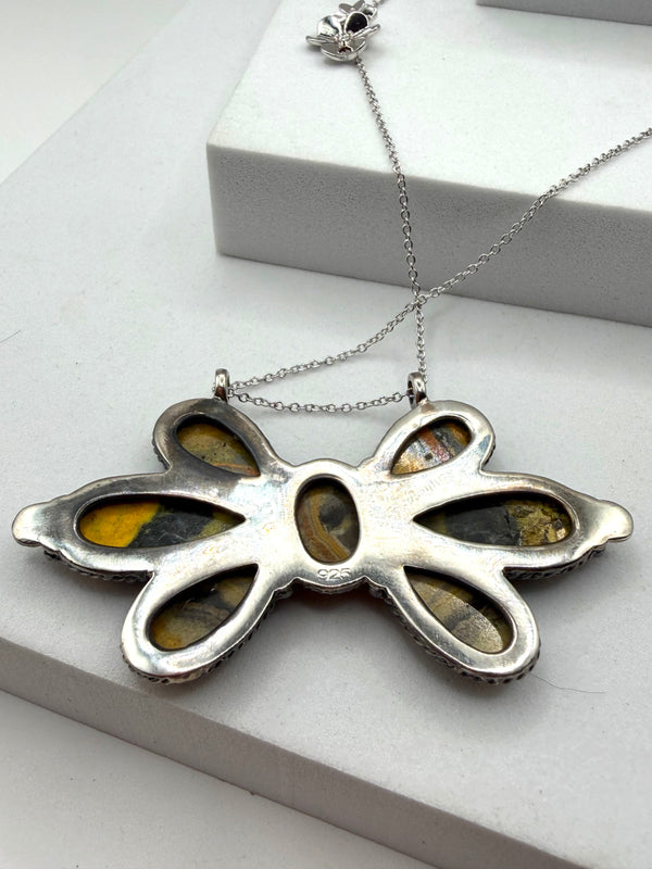 BUMBLEBEE JASPER CLUSTER FLOWER SS ADJUSTABLE NECKLACE 16-18" (JR 124)