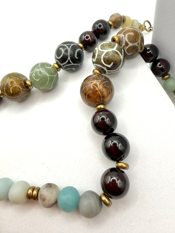 HAND CARVED JADE & MALA GARNET & AMAZONITE HARMONY NECKLACE 40" (MW 439)