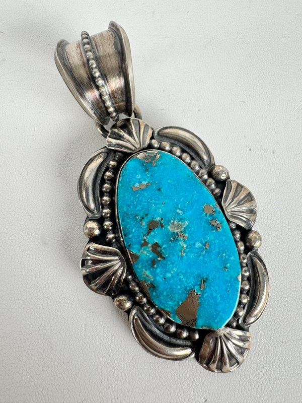 NATIVE HANDMADE KINGMAN TURQUOISE & PYRITE TONY YAZZIE PENDANT 3.5" (AH 1)