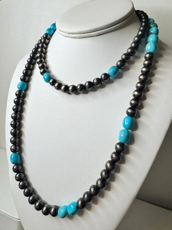 8MM NAVAJO PEARLS KINGMAN TURQUOISE 38" STATEMENT NECKLACE (MW 367)