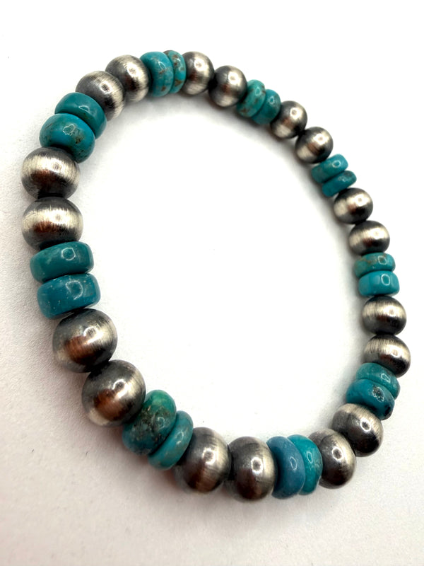 NATIVE HANDMADE NAVAJO SAUCER PEARLS & TURQUOISE STRETCH BRACELETS (CO 126)
