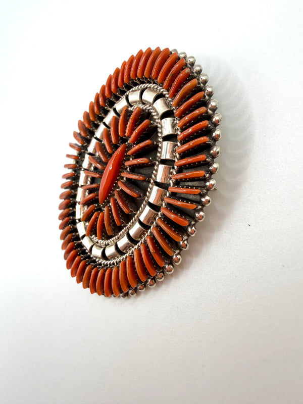 NATIVE HANDMADE MEDITERRANEAN CORAL NEDDLE POINT OVAL PIN & PENDANT BY EDMUND COOYEATE 2 1/8" (MW 448)