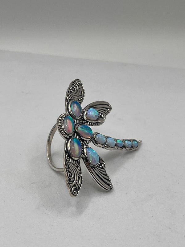 STERLING SILVER WHITE SPIDER OPAL & AUSTRALIAN OPAL ADJUSTABLE DRAGONFLY RING 8.5" (JR 103)