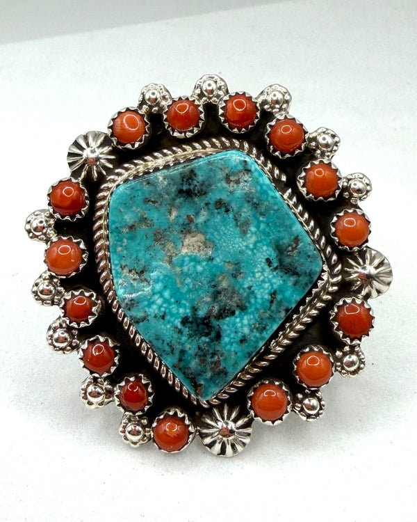 DARLENE BEGAY LANDER BLUE TURQUOISE & CORAL CLUSTER NATIVE HANDMADE STATEMENT RING SIZE 9 (LA 3)