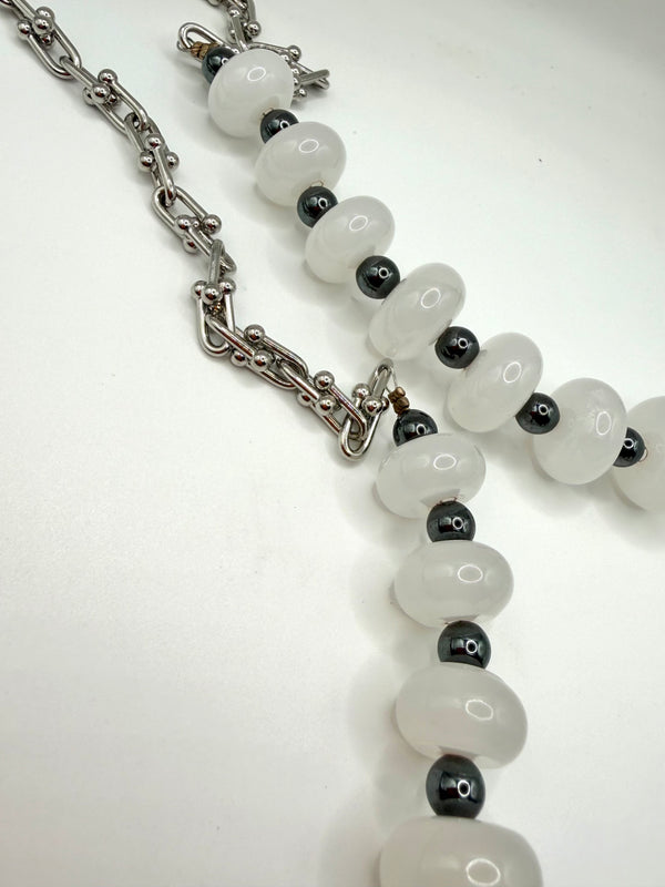 GRADUATED MOONSTONE & HEMATITE LINK CHAIN BESPOKE NECKLACE 30" (MW 446)