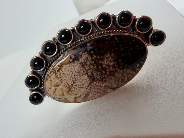 BLACK ONYX HALF CLUSTER OCEAN JASPER STERLING SILVER ADJUSTABLE RING (MW 406)
