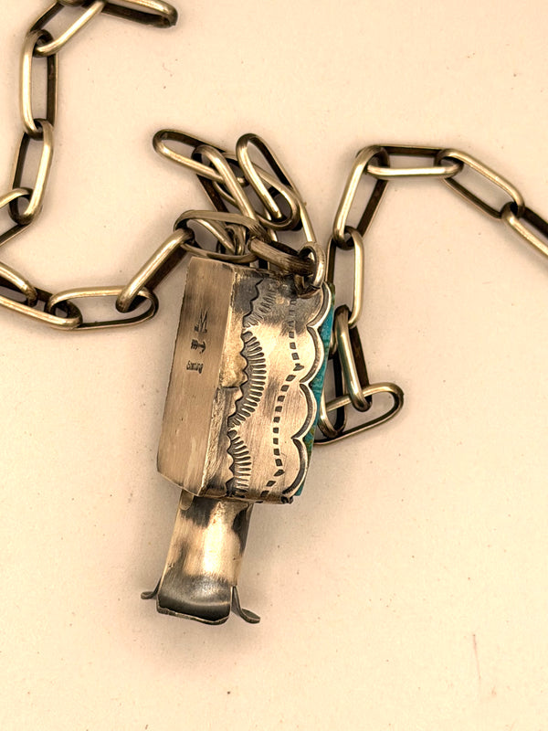 NATIVE HANDMADE LONE MOUNTAIN TURQUOISE SQUARE BLOSSOM NECKLACE BY WILBER MUSKET JR.  ADJUSTABLE 26" (NP 18)