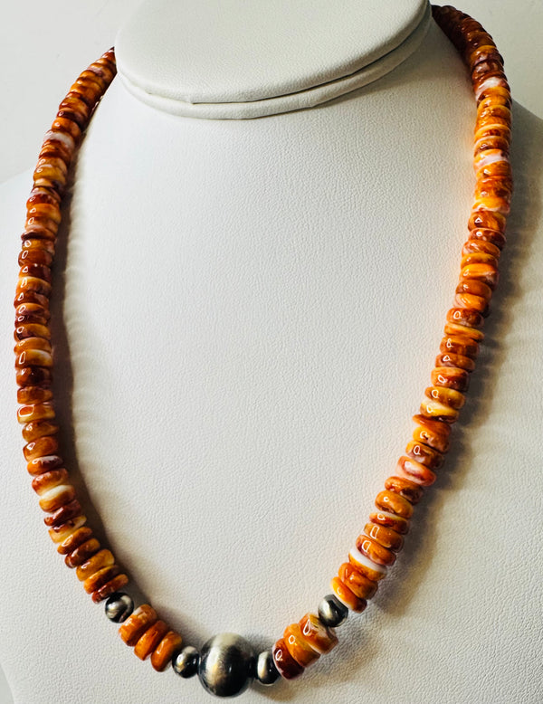 CHUNKY ORANGE SPINY OYSTER & NAVAJO PEARLS NECKLACE 18-24" (LB 14)
