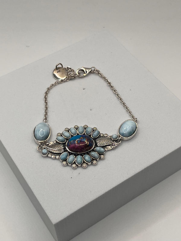 STERLING SILVER LARIMAR & PURPLE DAHLIA ADJUSTABLE BRACELET 7-8" (JR 104)