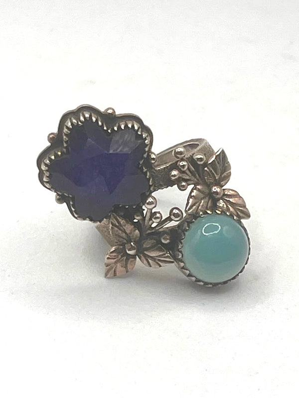 STERLING SILVER LAPIS DOUBLET & CHALCEDONY FLOWER RING SIZE 8 (MK 12)