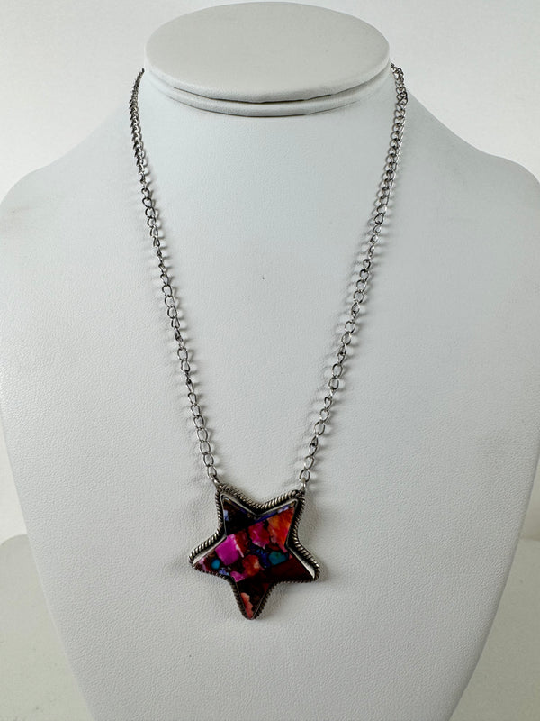 PINK DAHLIA STAR NECKLACE SIGNED BY DESERT SKIES ADJUSTABLE UP TO 20" (DC 6)