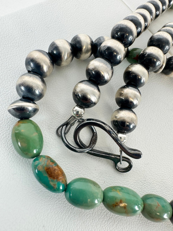 NATIVE HANDMADE 8MM NAVAJO & SAUCER PEARLS ROYSTON TURQUOISE BEADED NECKLACE 26" ELEGANT S-HOOK CLASP (LB 7)