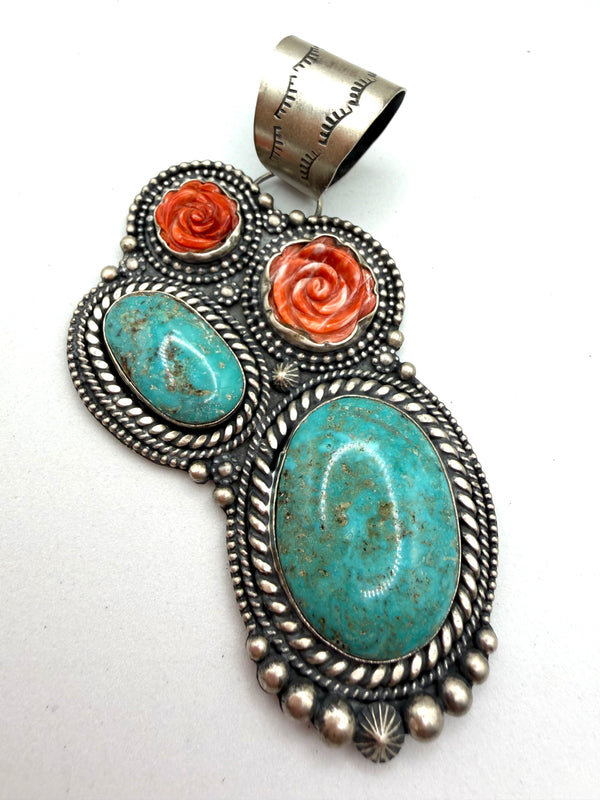STERLING SILVER STATEMENT CACTUS PENDANT IN KINGMAN TURQUOISE & ORANGE SPINY OYSTER BY SHAY PFEIFFER (MW 458)