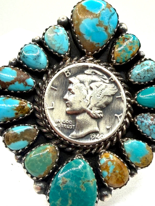 (RARE PIECE) ANNIE SPENCER MERCURY DIME MINE #8 & KINGMAN TURQUOISE CLUSTER 1940 ADJUSTABLE NATIVE HANDMADE RING (NP 29)