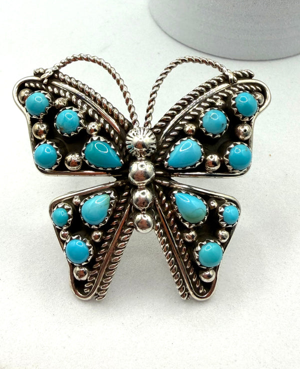 NATIVE HANDMADE SLEEPING BEAUTY TURQUOISE ADJUSTABLE BUTTERFLY RING SIGNED BY T.J.(CO 123)