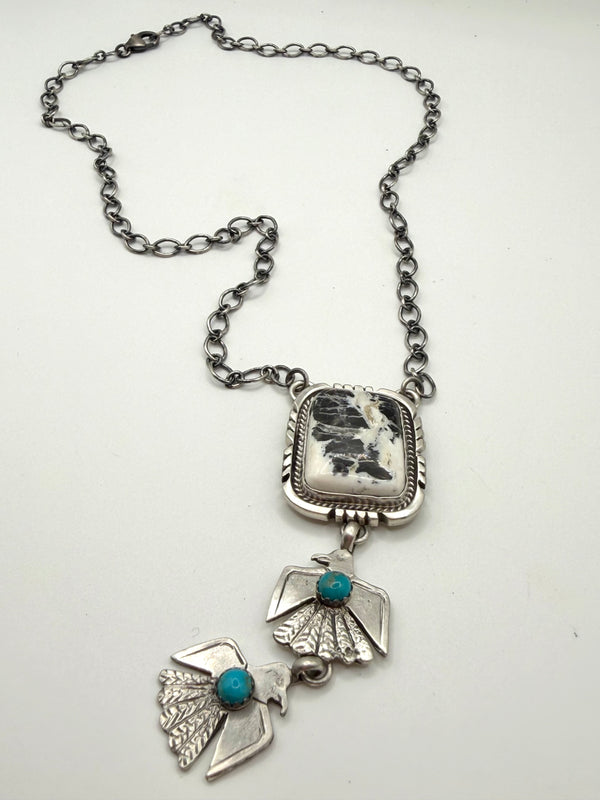 NATIVE HANDMADE WHITE BUFFALO & KINGMAN TURQUOISE STATEMENT NECKLACE (19.5") WITH THUNDERBIRD DESIGN BY JOHN MCCRAY(NP 3)