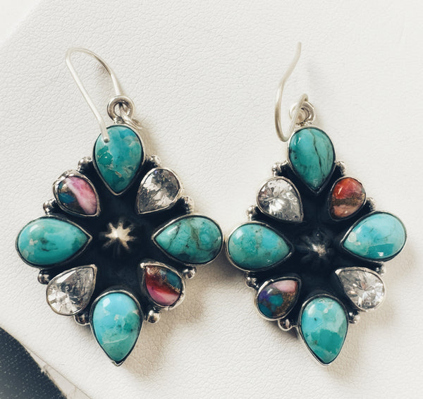 PINK DAHLIA KINGMAN TURQUOISE & CRYSTAL QUARTZ DANGLE EARRINGS BY PTW