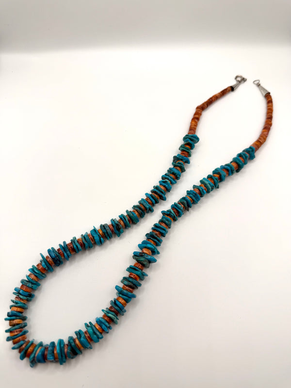 ORANGE SPINY OYSTER & KINGMAN TURQUOISE DISCS NECKLACE 23" (MK 9)