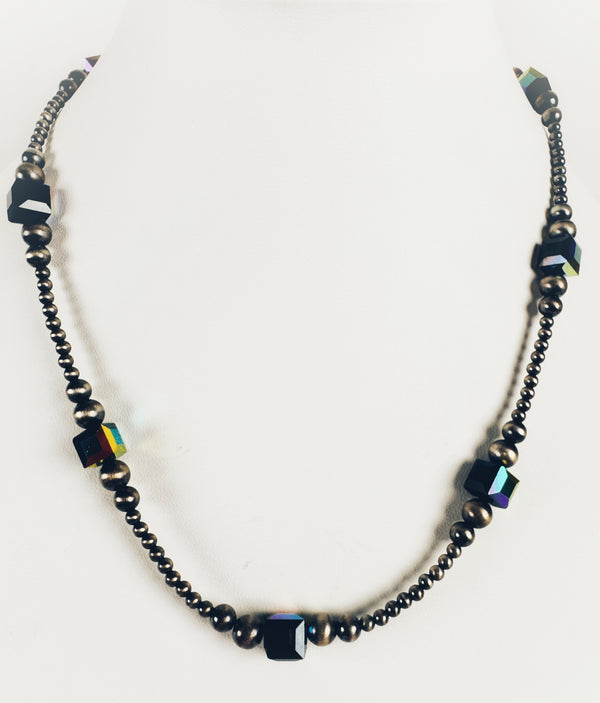GRADUATED NAVAJO PEARLS AND AURA QUARTZ SWAROVSKI CRYSTALS NECKLACE 18" (RB 54)