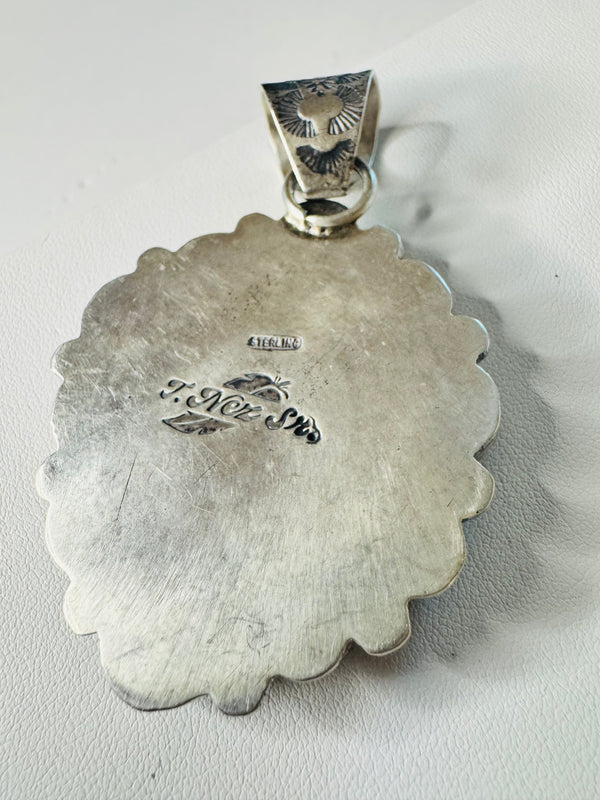NATIVE HANDMADE PERSIAN TURQUOISE CLUSTER STATEMENT PENDANT BY T. NEZ. SR. 3" (JR 12)