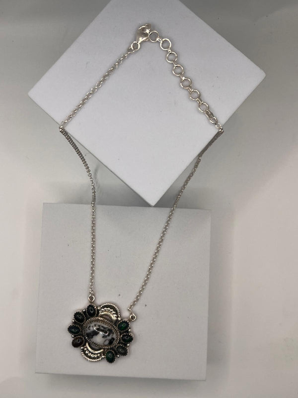 FIRE OPAL CLUSTER & WHITE BUFFALO TURQUOISE NECKLACE 18-21" (JR 106)