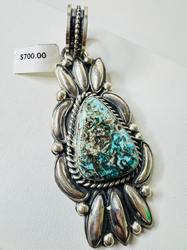 NATIVE HANDMADE STORMY MOUNTAIN TURQUOISE STATEMENT PENDANT BY TONY YAZZIE 4" (NEVER WORN)(LB 13)