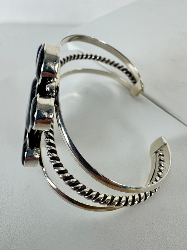 TAXCO SILVER BLACK ONYX CLUSTER ROPE DETAIL CUFF STAMPED "MEX" (JR 1)