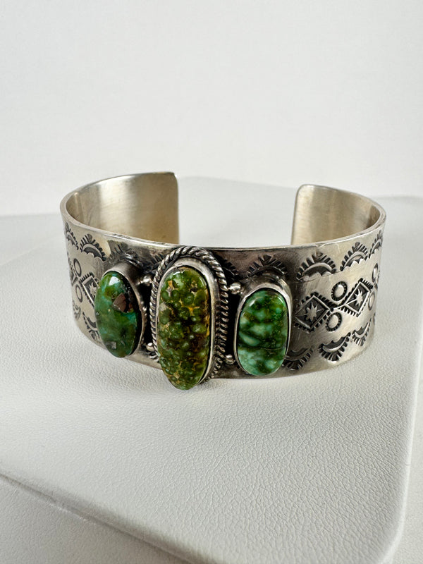 NATIVE HANDMADE SONORAN GOLD & ROYSTON TURQUOISE CUFF BY TONY YAZZIE (MID FLEX - 1.5" CIRCUMFERENCE) (LB 3)