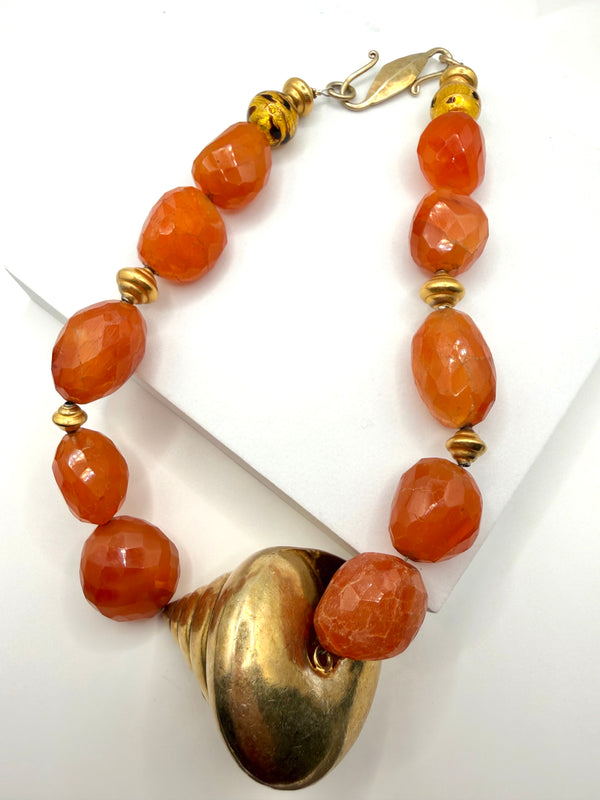 HANDMADE FACETED CARNELIAN SOLID BRASS LAMPWORK NECKLACE 18" (JR 93)
