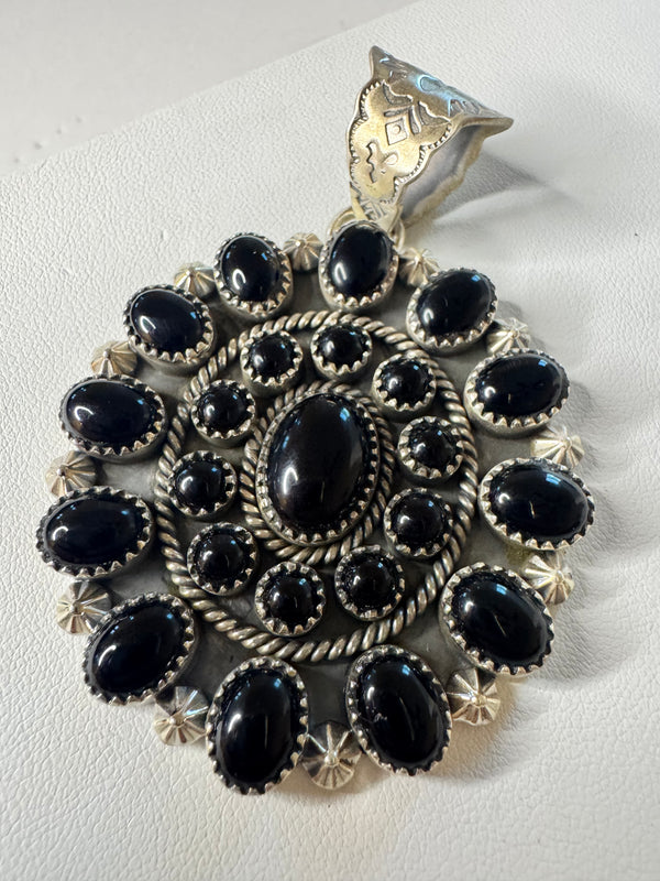 NATIVE HANDMADE BLACK ONYX CLUSTER STATEMENT PENDANT BY TONY YAZZIE 3" (JR 10)