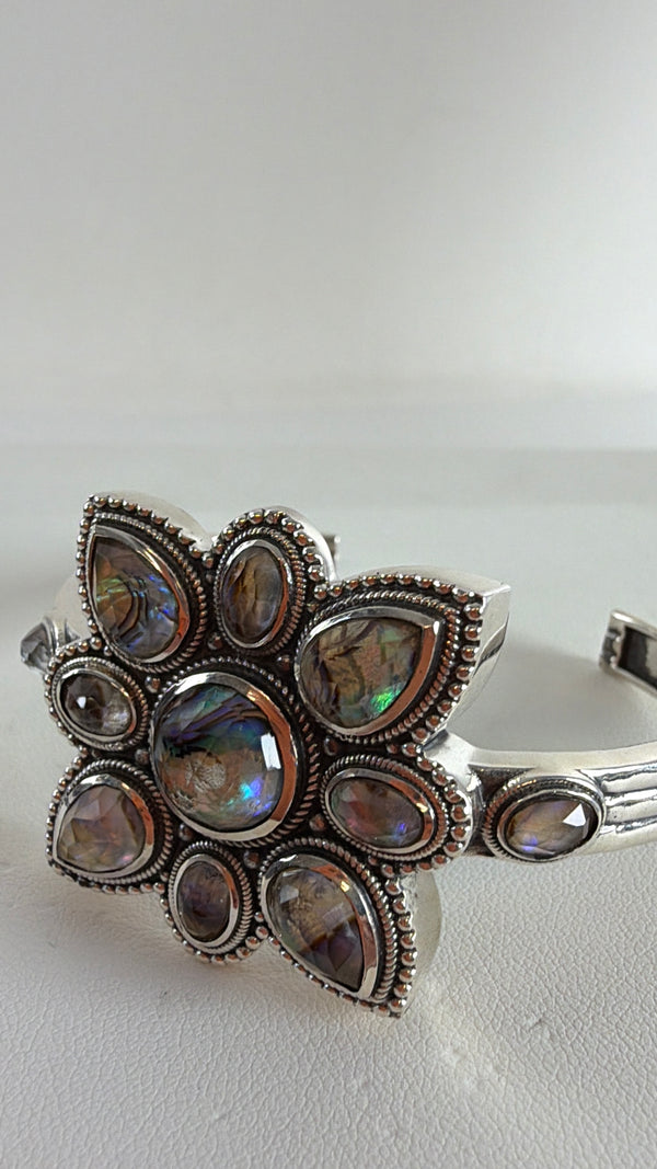 FACETED ABALONE SHELL CLUSTER STERLING SILVER HESPERA CUFF (JR 67)