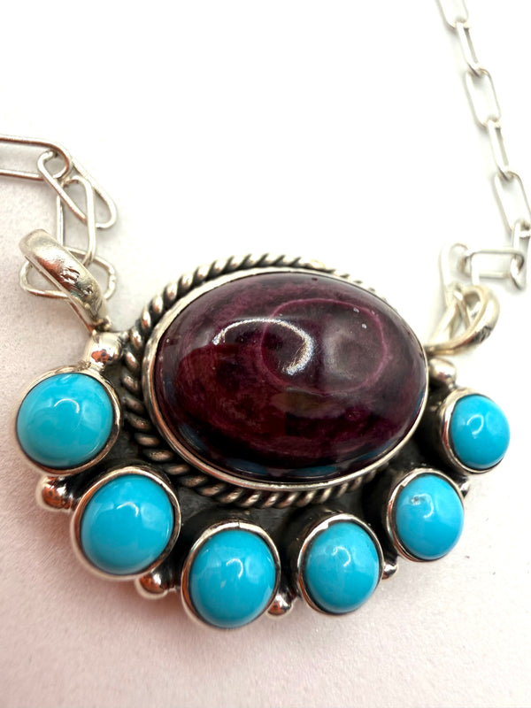 TONY YAZZIE PURPLE SPINY & SLEEPING BEAUTY TURQUOISE NATIVE HANDMADE ADJUSTABLE PAPERCLIP NECKLACE 18" (CO 124)