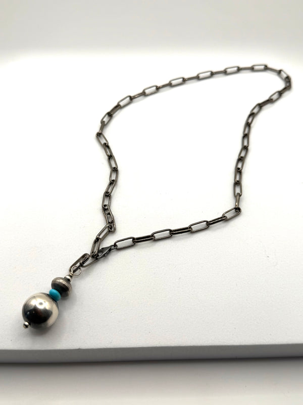 GRADUATED NAVAJO PEARLS & KINGMAN TURQUOISE BEADED ADJUSTABLE GUNMETAL NECKLACE 21" (JR 117)